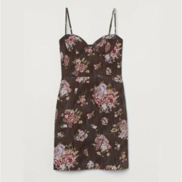 NWT H&M Brock Collection Brown Floral Mini Dress Cottage Bustier Sexy sz XL - Picture 2 of 9